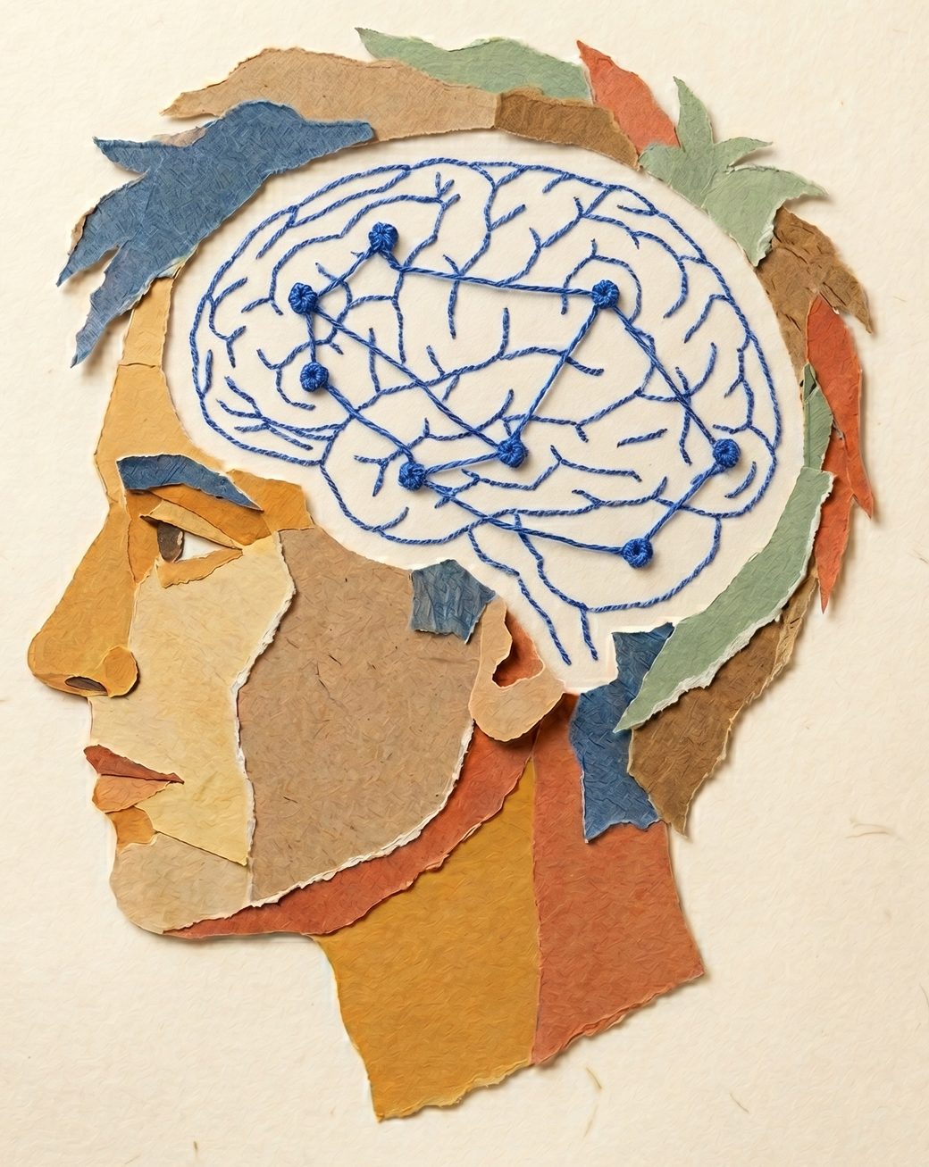 A torn painted-paper collage of a human head in profile; the mind is an embroidered brain stitched in royal-blue thread, the Cognitive Core assembling many concepts into one mastery model.